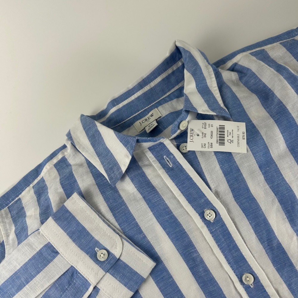 J.Crew WMNS 2X Blue White Striped Linen Cotton Button Down Shirt Coastal NEW